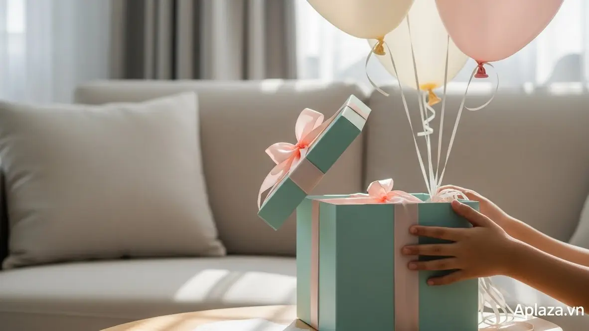 Cảnh hộp quà sinh nhật bọc giấy pastel đang được mở trong căn phòng sáng ấm, gợi không khí mua quà sinh nhật cho bé gái 9 tuổi, tông hồng kem nhẹ nhàng, ánh sáng mềm mịn.