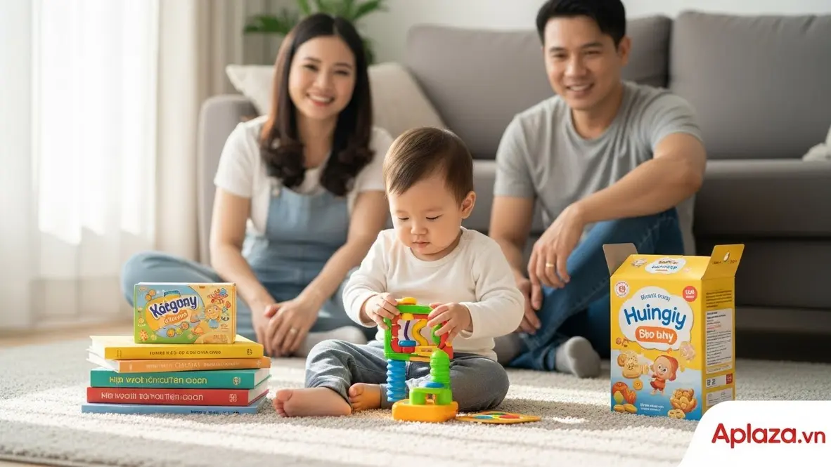 Bé 2 tuổi mở quà sinh nhật: chơi đồ chơi giáo dục cạnh chồng sách tranh và hộp bánh ăn dặm, bố mẹ mỉm cười quan sát phía sau trong phòng khách sáng, màu sắc tươi vui, cảm giác ấm áp gia đình.