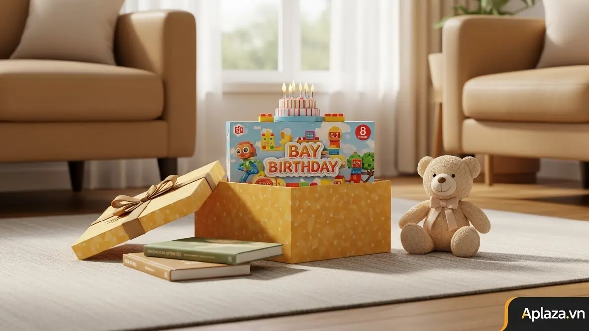 Quà sinh nhật cho bé 8 tuổi với đồ chơi lắp ráp, sách thiếu nhi và gấu bông trong không gian ấm áp