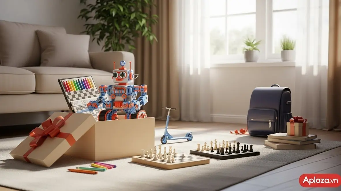 Cảnh hộp quà sinh nhật đang mở trong phòng khách sáng, xung quanh là robot lắp ráp, xe trượt, bộ màu, cờ vua, balo và sách; gợi ý mua quà sinh nhật cho bé trai 7 tuổi theo sở thích và ngân sách.