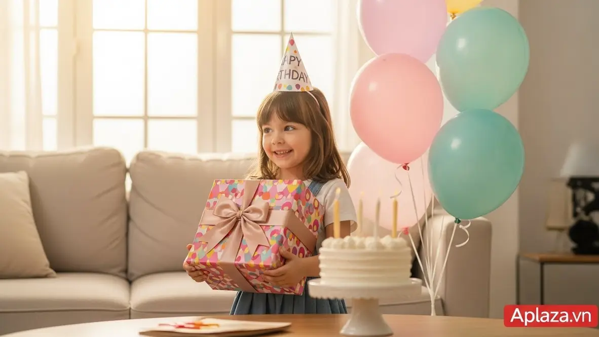 Bé gái bảy tuổi vui tươi cầm hộp quà sinh nhật nhiều màu trong phòng khách trang trí bóng bay, gợi mở cách điều chỉnh quà phù hợp từ 7 đến 10 tuổi