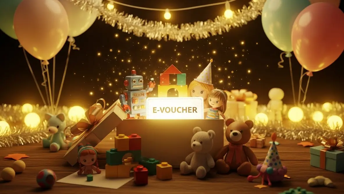 Bàn quà sinh nhật mở ra đồ chơi lắp ghép, robot, búp bê, thú nhồi bông và e‑voucher, tông màu ấm áp tươi sáng, gợi ý lựa chọn cho bé trai, bé gái và unisex.