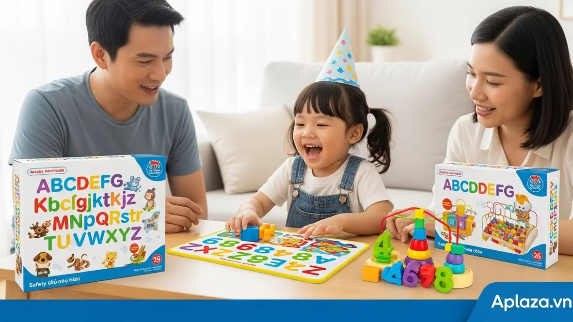 Bé 4 tuổi chơi bảng chữ cái nhiều màu trong phòng sáng, bố mẹ ngồi cạnh quan sát; gợi ý quà theo loại cho sinh nhật gồm đồ chơi giáo dục, vận động, sách và xếp hình.