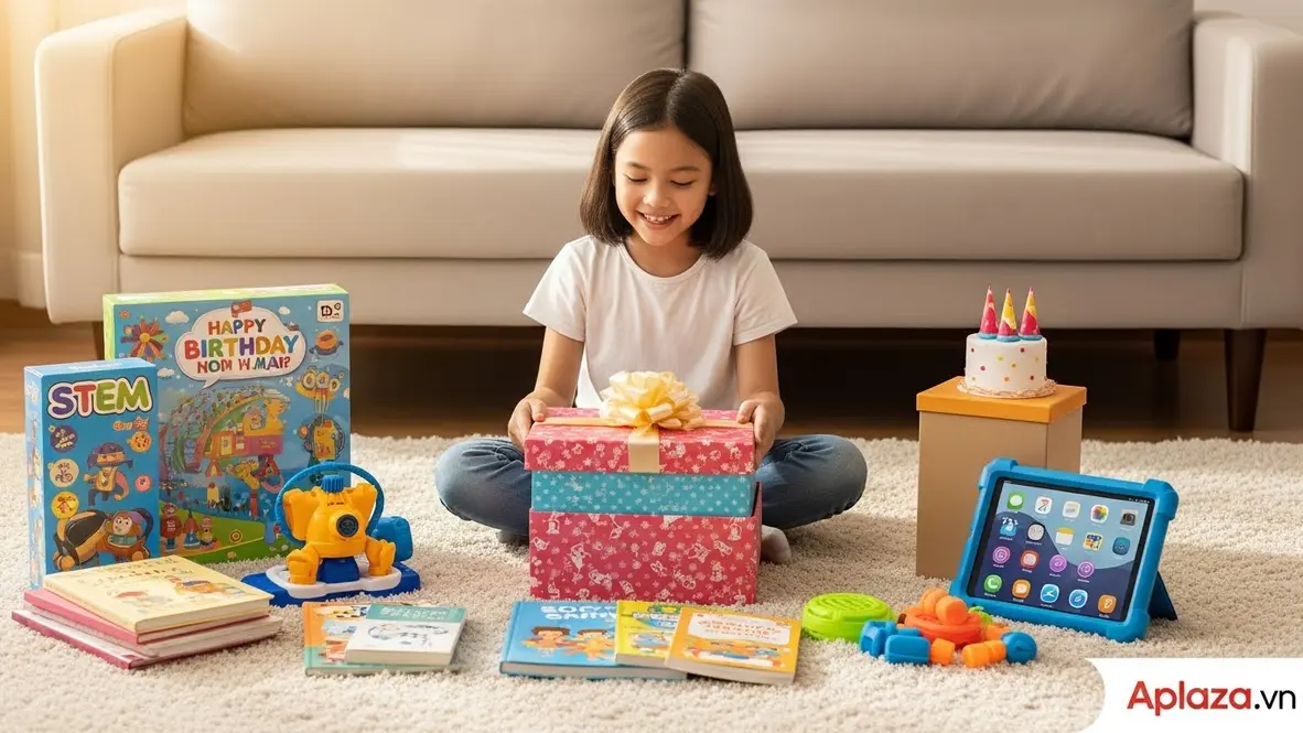 Khung cảnh mở quà sinh nhật cho bé 11 tuổi với đồ chơi giáo dục STEM, sách và thiết bị công nghệ thân thiện xung quanh, gợi ý mua quà theo nhóm để bé vừa học vừa chơi