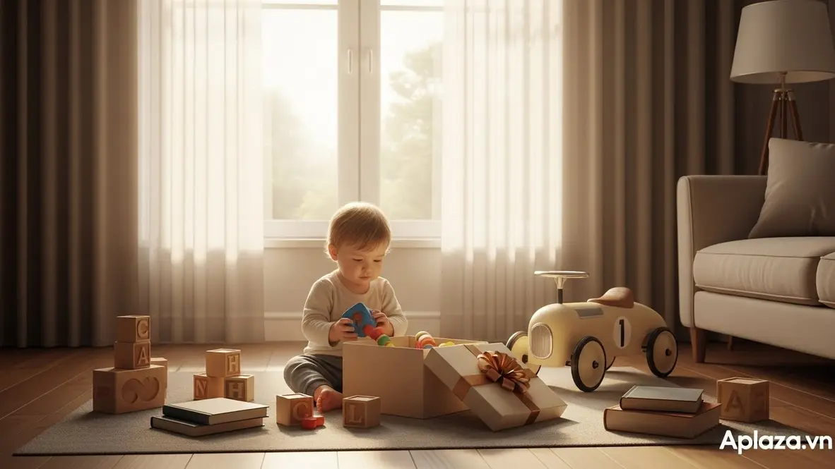Bé hai tuổi chơi đồ chơi nhiều màu bên cạnh hộp quà sinh nhật, gợi ý mua quà sinh nhật cho bé hai tuổi theo ngân sách tiết kiệm, tầm trung và cao cấp