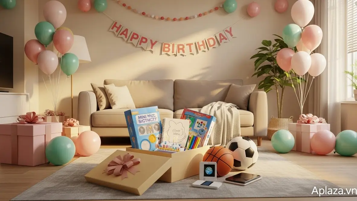 Cảnh mở hộp quà sinh nhật cho bé 12 tuổi với bộ kit STEM, sổ phác thảo, bóng thể thao và thiết bị công nghệ an toàn, tông màu vui tươi, không phân biệt giới tính