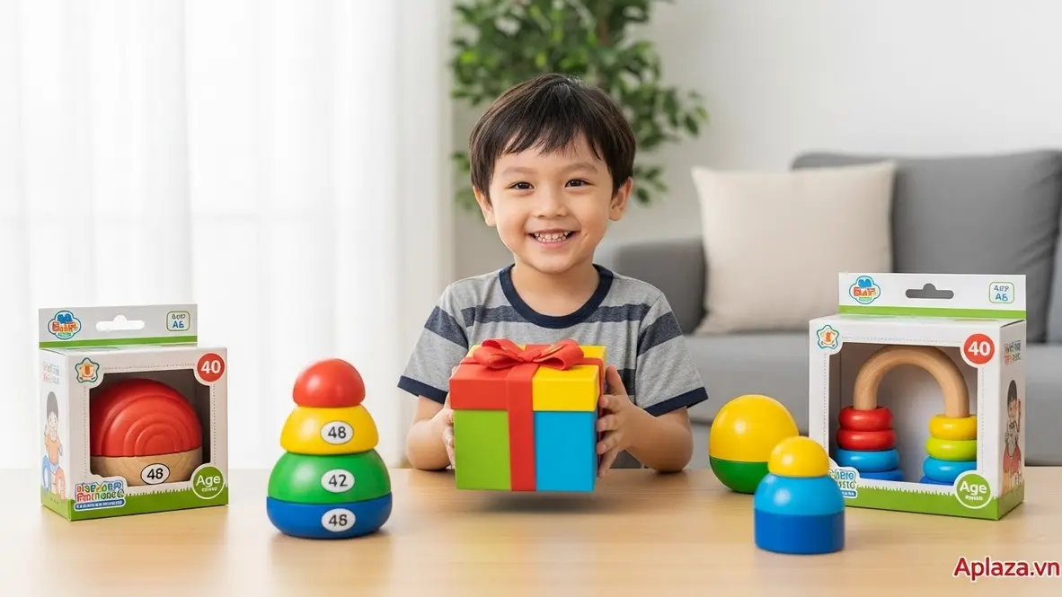 Bé trai 4 tuổi cầm hộp quà nhiều màu, xung quanh là đồ chơi bo tròn an toàn, nền sáng, gợi ý mua quà sinh nhật cho bé trai 4 tuổi chú trọng nhãn độ tuổi và chất liệu không độc hại
