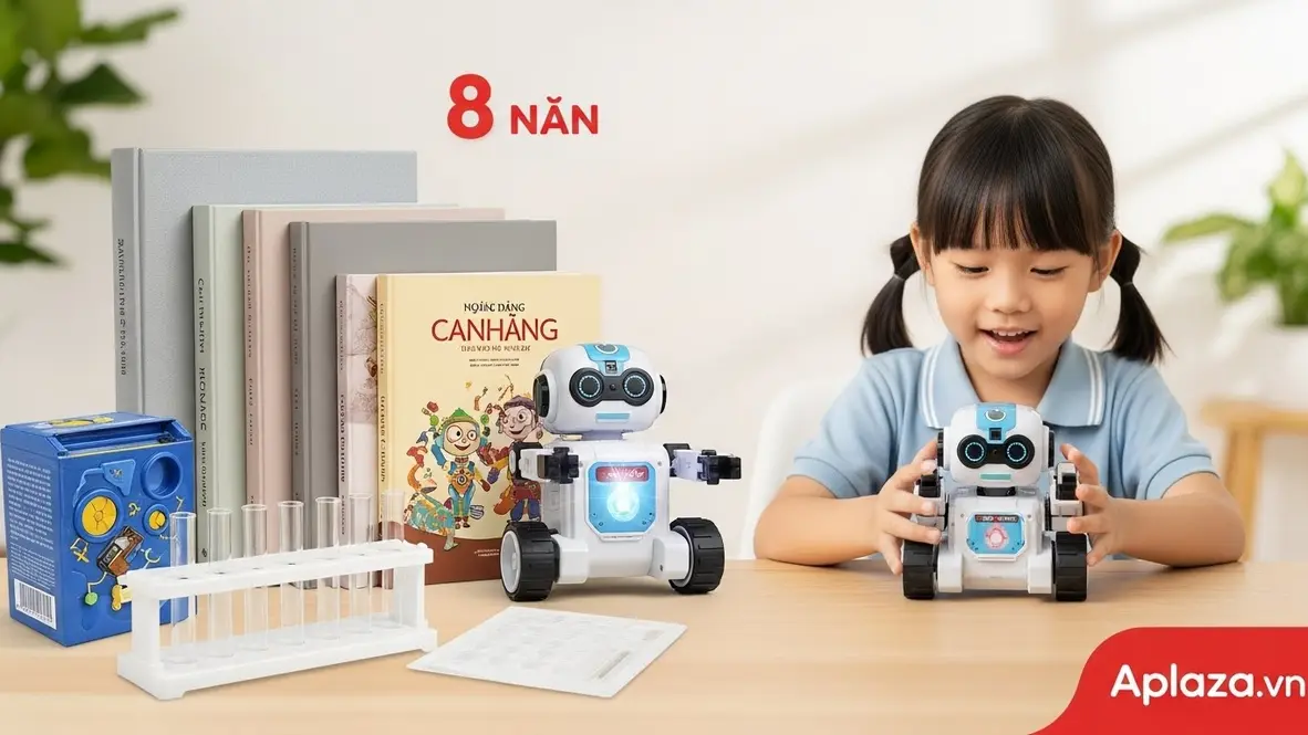 Bộ quà cho bé 8 tuổi gồm robot lập trình, sách nâng cao và bộ thí nghiệm đặt trên nền sáng; bé đang cầm robot với ánh sáng ấm áp, gợi cảm giác khám phá an toàn và gắn kết gia đình.