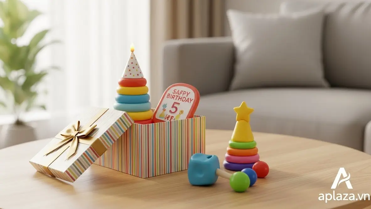 Hộp quà sinh nhật và đồ chơi an toàn đặt trên nền sáng, nhấn mạnh an toàn, chất lượng và tiêu chuẩn cần kiểm tra khi mua quà cho bé gái 5 tuổi