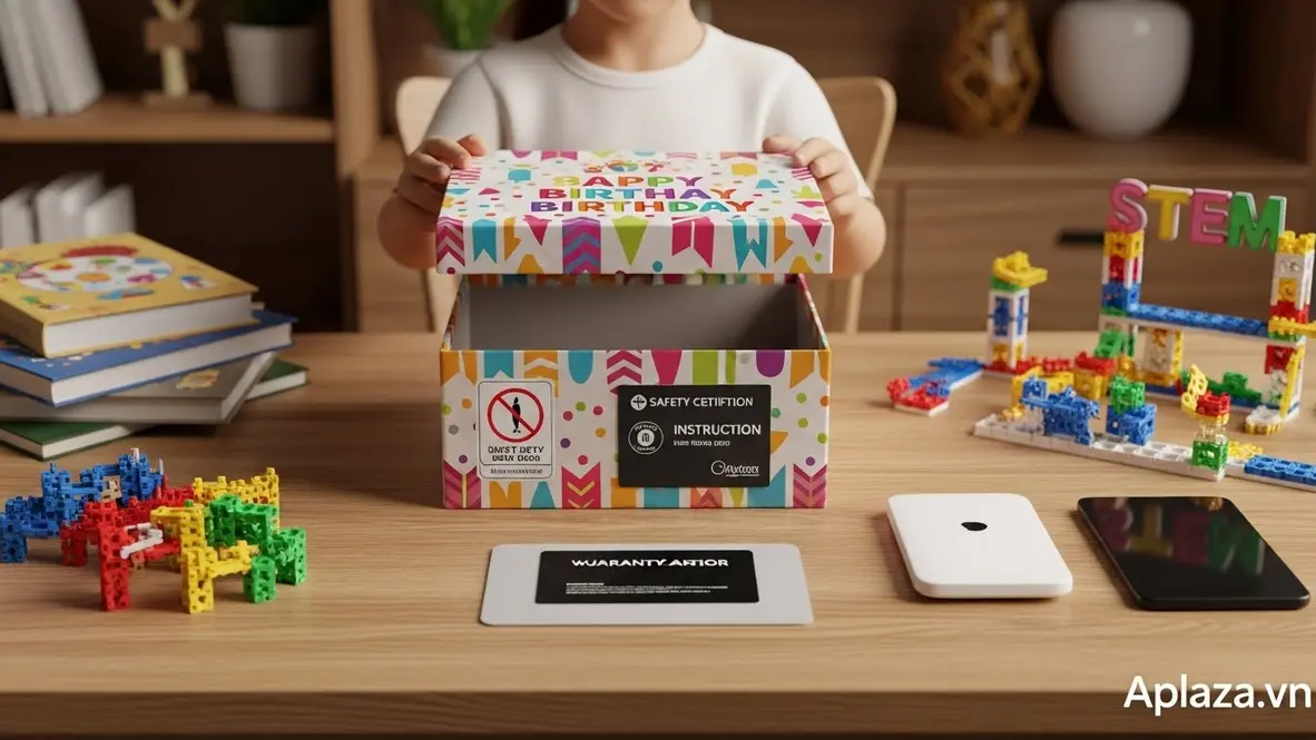 Đôi tay nhỏ mở hộp quà sinh nhật rực rỡ trên bàn gỗ, trên hộp có tem chứng nhận an toàn và tờ hướng dẫn, xung quanh là sách, đồ chơi STEM và một thiết bị công nghệ, gợi tinh thần mua quà sinh nhật cho bé 11 tuổi an toàn và đúng chỗ.