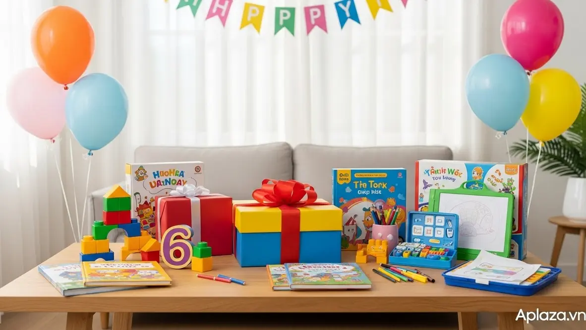Hộp quà rực rỡ dành cho quà cho bé 6 tuổi, xung quanh là khối xếp hình, sách tranh, bộ vẽ và đồ chơi STEM trong không khí lễ 1/6 vui nhộn