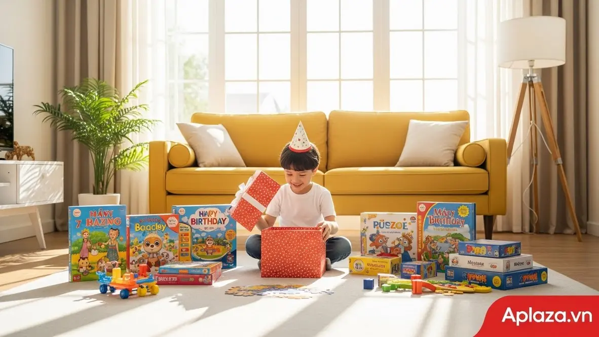 Cảnh bé 7 tuổi háo hức mở quà sinh nhật với đồ chơi giáo dục và sách, gợi ý chọn quà theo ngân sách giá rẻ, tầm trung, cao cấp.