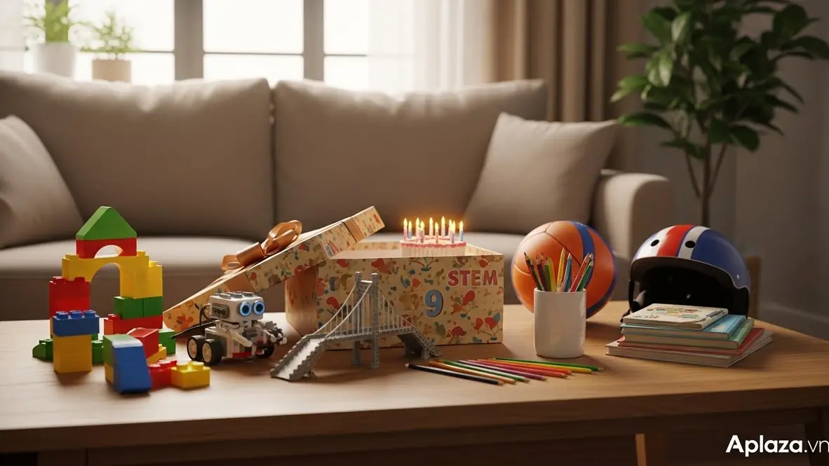 Cảnh mở quà sinh nhật với bộ lắp ráp, mô hình robot STEM, quả bóng và mũ bảo hiểm, gợi ý mua quà cho bé 9 tuổi yêu xây dựng và vận động