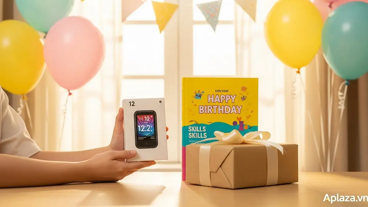Cảnh quà cho bé 12 tuổi trong tiệc sinh nhật: tay cầm đồ công nghệ nhỏ và sách kỹ năng, hộp quà đóng gói gọn gàng với giấy kraft và ruy băng