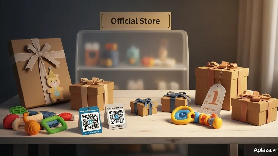Đồ chơi an toàn đặt cạnh hộp quà và thẻ giá, gợi ý nơi mua uy tín cho quà sinh nhật bé 1 tuổi và cách kiểm tra tem, bảo hành