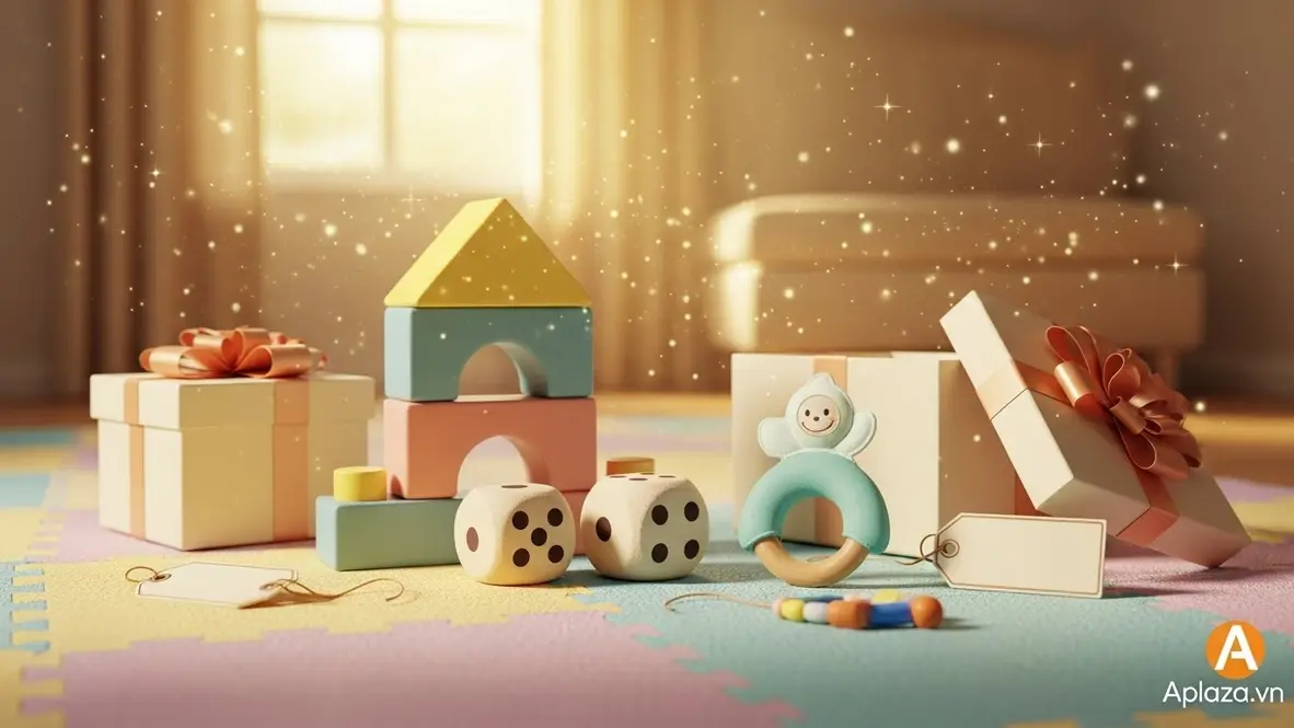 Đồ chơi an toàn cho bé 1 tuổi cạnh hộp quà và thẻ giá, gợi ý mua quà theo ngân sách
