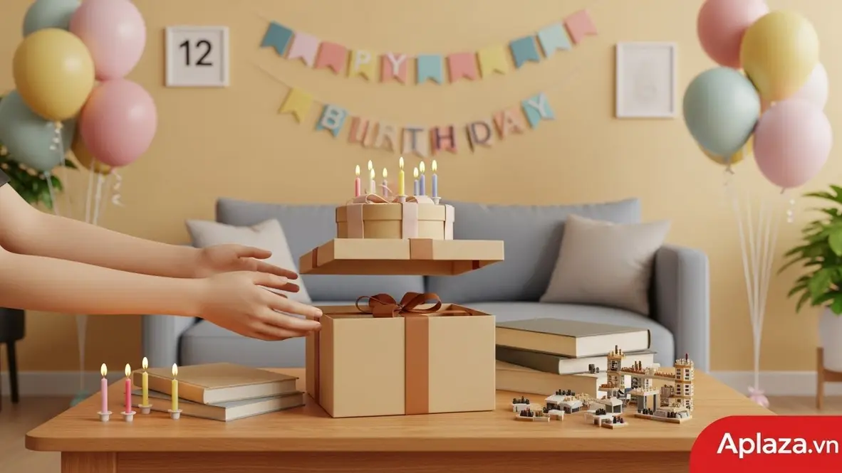 Bàn tiệc sinh nhật ấm áp với hộp quà nhiều màu, đôi tay trẻ mở quà bên cạnh sách và đồ chơi, gợi cảm hứng mua quà sinh nhật cho bé 12 tuổi an toàn và tinh tế.