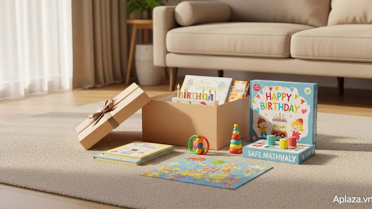 Đồ chơi an toàn chất liệu thân thiện trong hộp quà sinh nhật cho bé 5 tuổi, gồm sách tranh, bộ xếp hình và đồ chơi nhiều màu, gợi ý nơi mua uy tín