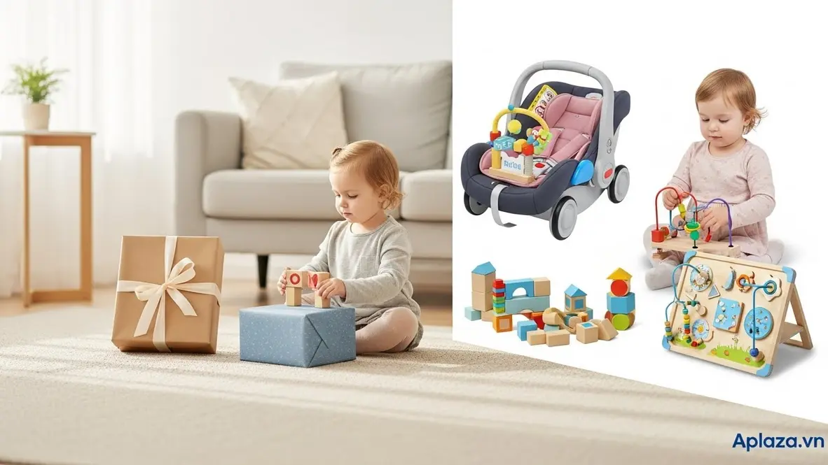 Cảnh quà sinh nhật cho bé gái 1 tuổi với bé đang cầm đồ chơi an toàn bên cạnh hộp quà và ghế ngồi ô tô trẻ em, tông pastel dịu.