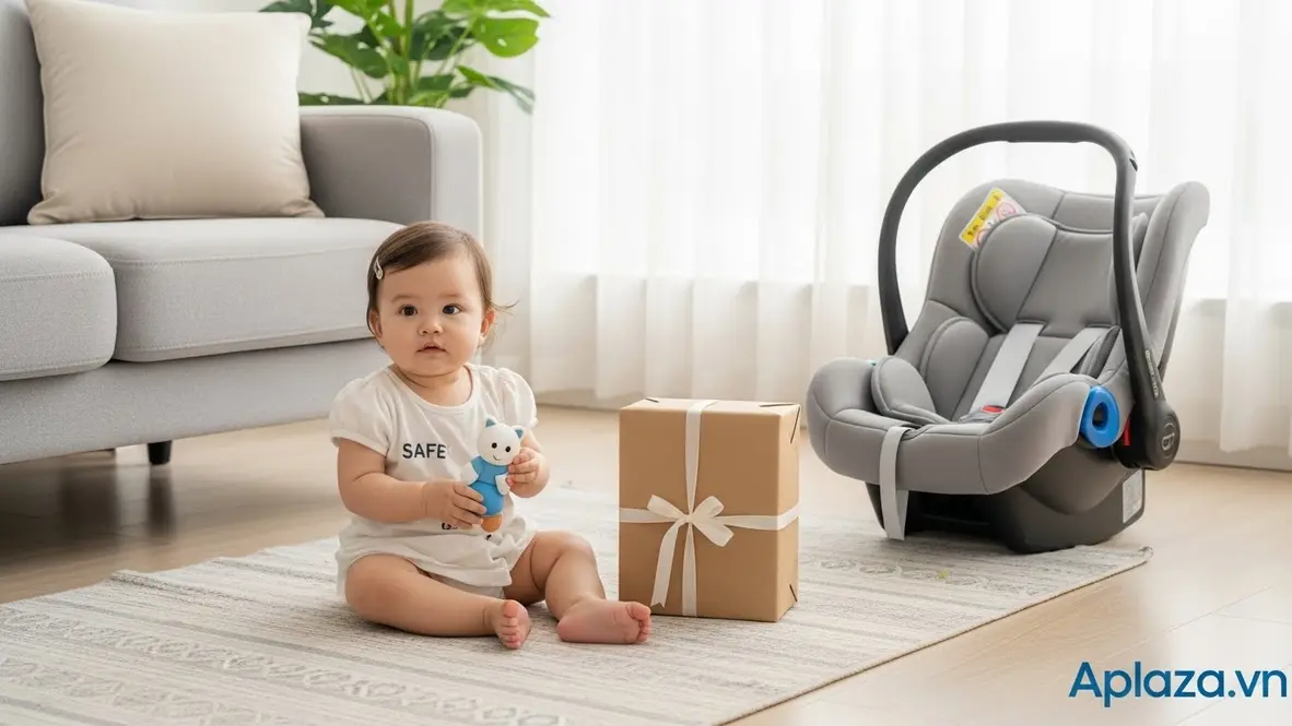 Bé gái 1 tuổi cầm đồ chơi an toàn bên hộp quà và ghế ngồi ô tô trẻ em, gợi ý mua nhanh và so sánh món quà phù hợp