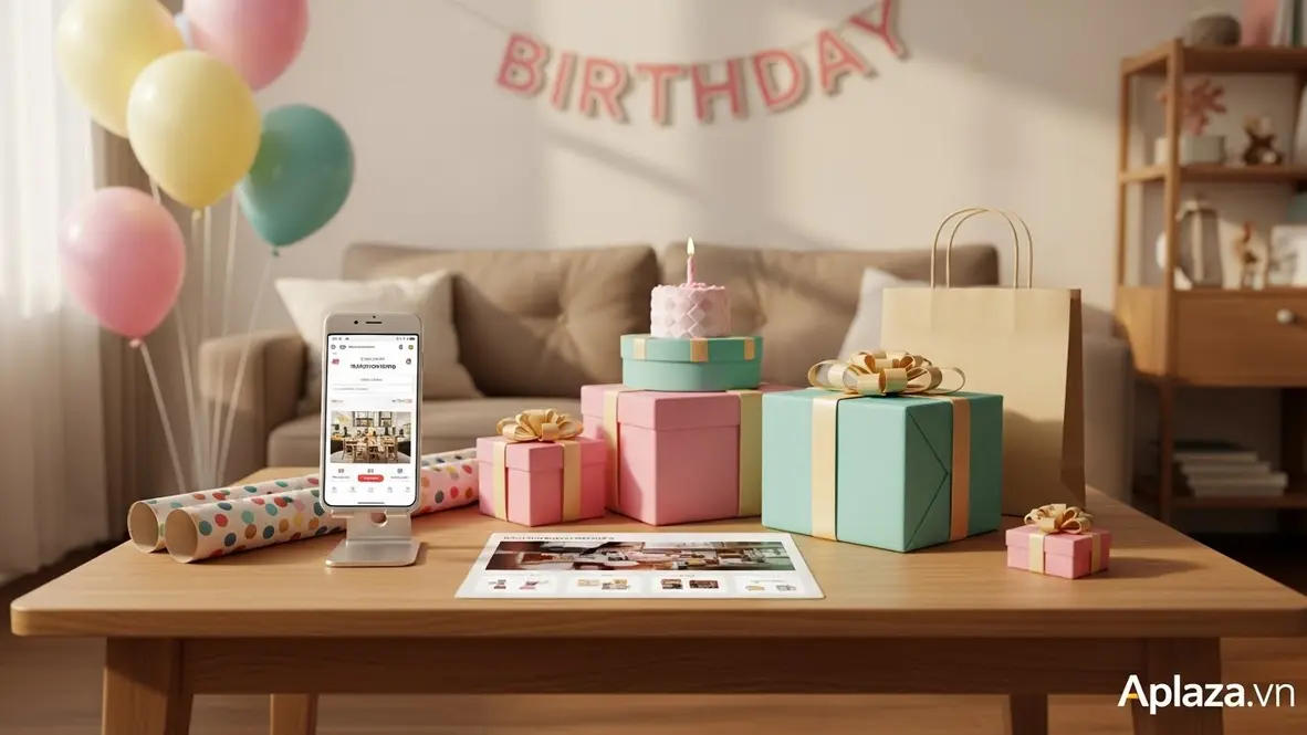 Bé gái 10 tuổi mỉm cười nhận quà sinh nhật trong không gian trang trí bóng bay, cạnh đó có điện thoại mở trang mua sắm và túi giấy của cửa hàng, gợi ý lựa chọn mua online hay tại cửa hàng.