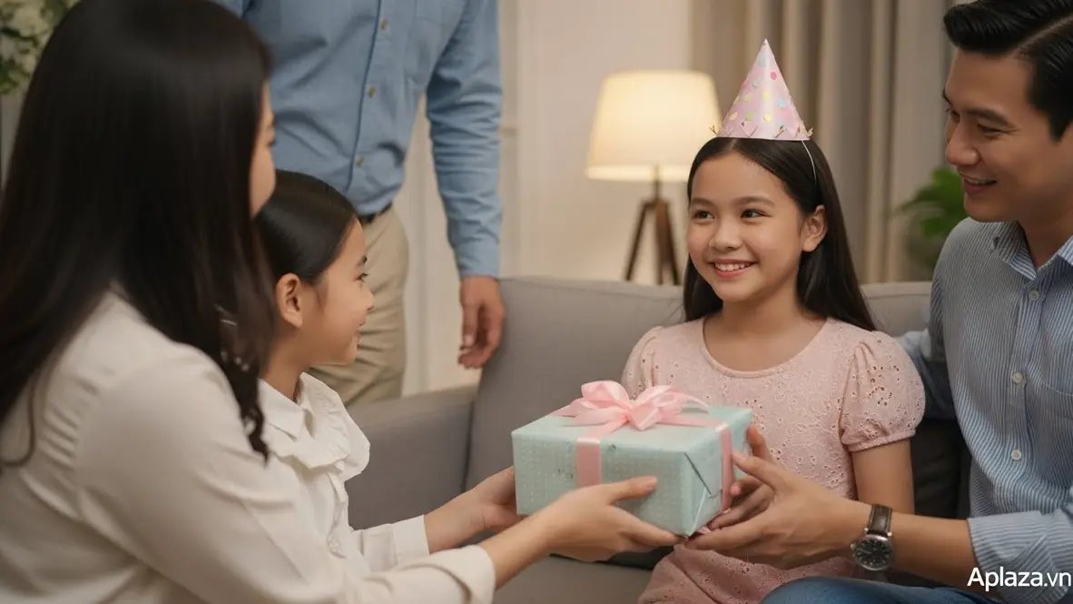 Cảnh mua quà sinh nhật cho bé gái 11 tuổi: bé mỉm cười nhận hộp quà pastel trong không gian ấm áp, người thân bên cạnh