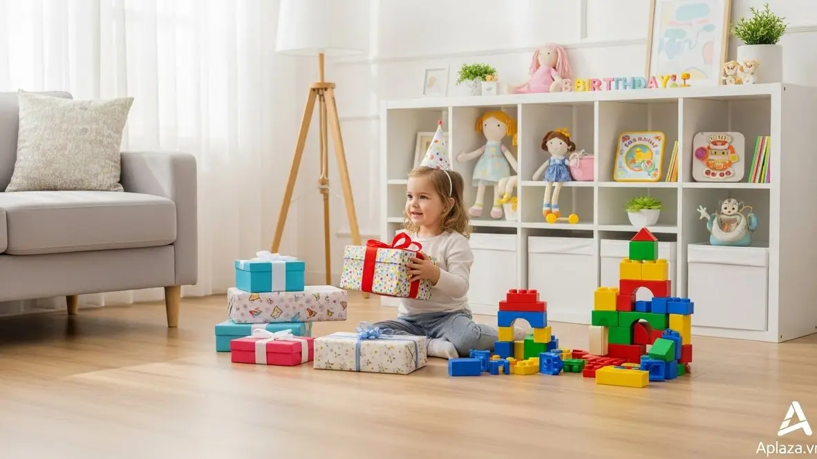 Bé gái 3 tuổi cầm hộp quà trước nhiều món quà xung quanh trên nền sáng, gợi ý mua quà sinh nhật cho bé gái 3 tuổi tiện lợi và an toàn