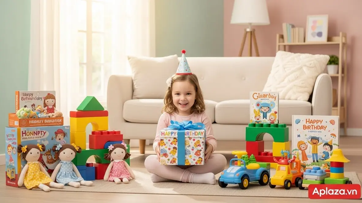 Bé gái 3 tuổi cầm hộp quà sinh nhật, xung quanh là đồ chơi an toàn phù hợp lứa tuổi, gợi ý cách chọn quà phù hợp cho bé gái 3 tuổi.