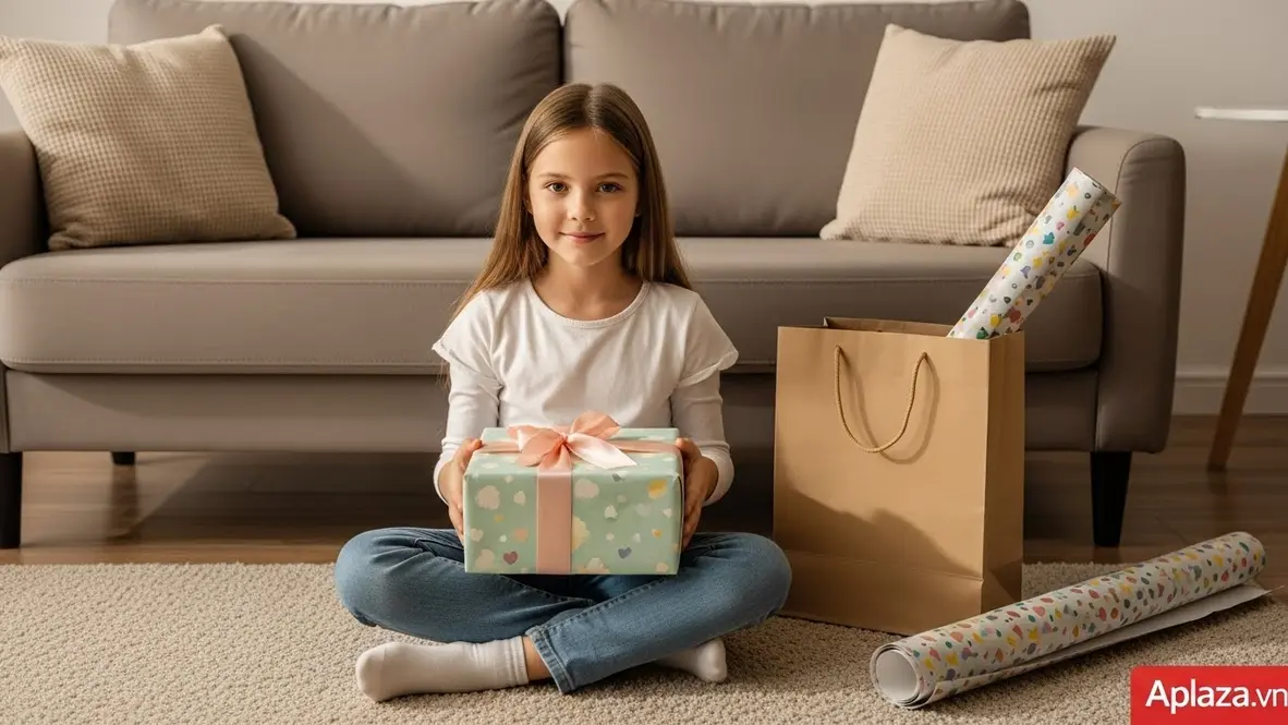 Bé gái 7 tuổi nâng hộp quà gói giấy pastel, nơ ruy băng lớn, cạnh các túi mua sắm và giấy gói, ánh sáng ấm áp gợi cảm giác mua quà sinh nhật cho bé gái 7 tuổi