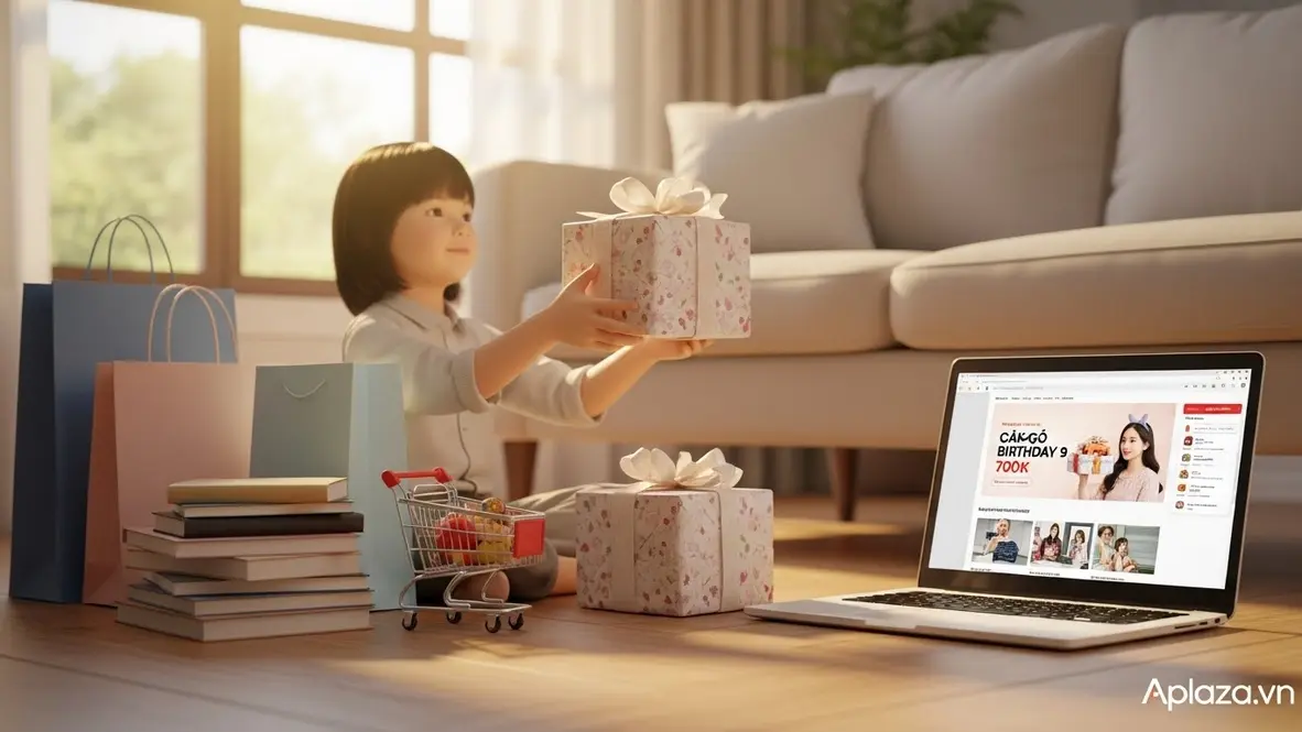 Bé gái 9 tuổi mỉm cười nhận hộp quà bọc đẹp trong không gian ấm áp; phía sau là túi mua sắm, kệ sách, giỏ hàng siêu thị mini và màn hình laptop mở trang mua quà sinh nhật, gợi ý so sánh cửa hàng, nhà sách, siêu thị và TMĐT.
