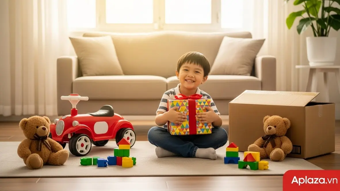 bé trai 4 tuổi ôm hộp quà nhiều màu, đồ chơi xung quanh, không khí sinh nhật, gợi ý mua quà sinh nhật cho bé trai 4 tuổi trên sàn thương mại điện tử như Chiaki