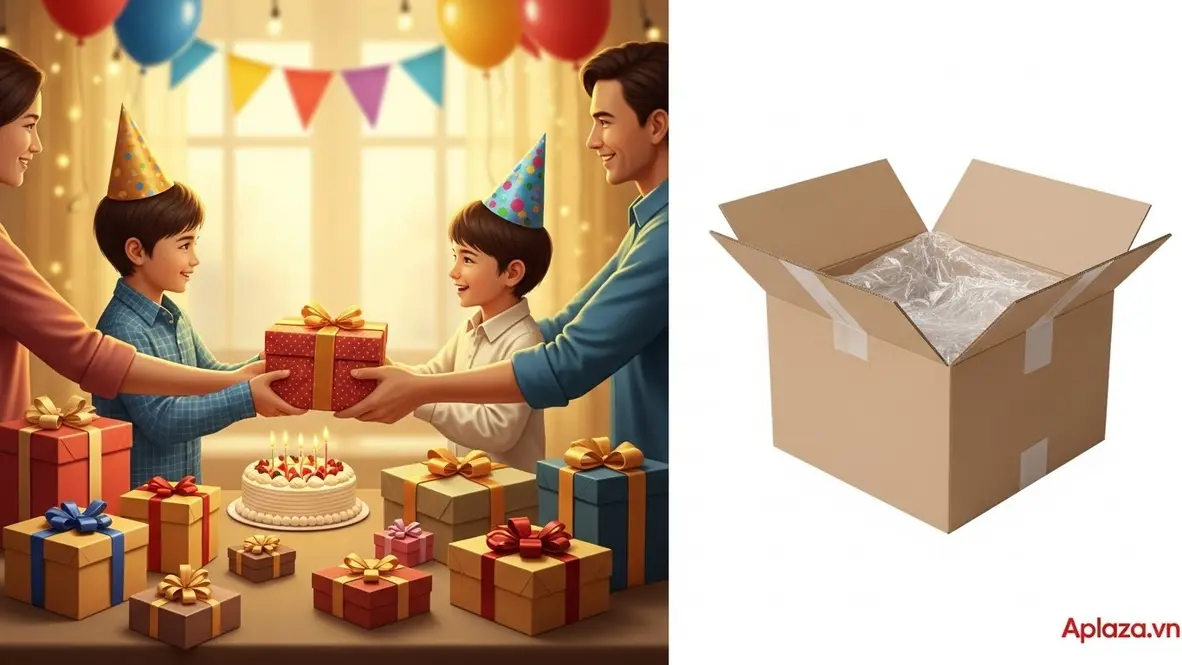 Cảnh bé trai 6 tuổi nhận quà sinh nhật trong không gian ấm áp, nhiều hộp quà màu sắc và thùng giao hàng sạch vừa mở, gợi cảm giác mua quà sinh nhật cho bé trai 6 tuổi từ nơi uy tín với gói quà nhanh và vận chuyển thuận tiện.