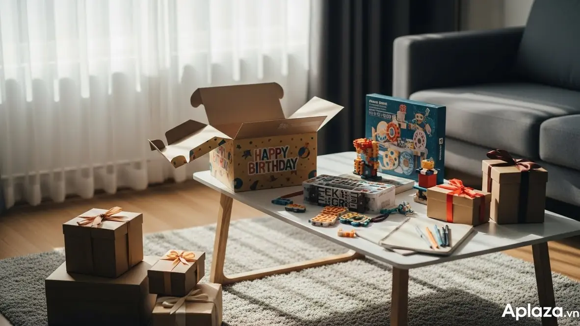 Bé trai 8 tuổi đang lắp ráp bộ đồ chơi sáng tạo vừa mở từ hộp quà sinh nhật, tông màu tươi sáng, phòng khách ngập nắng, gợi ý mua quà an toàn, hợp sở thích và ngân sách