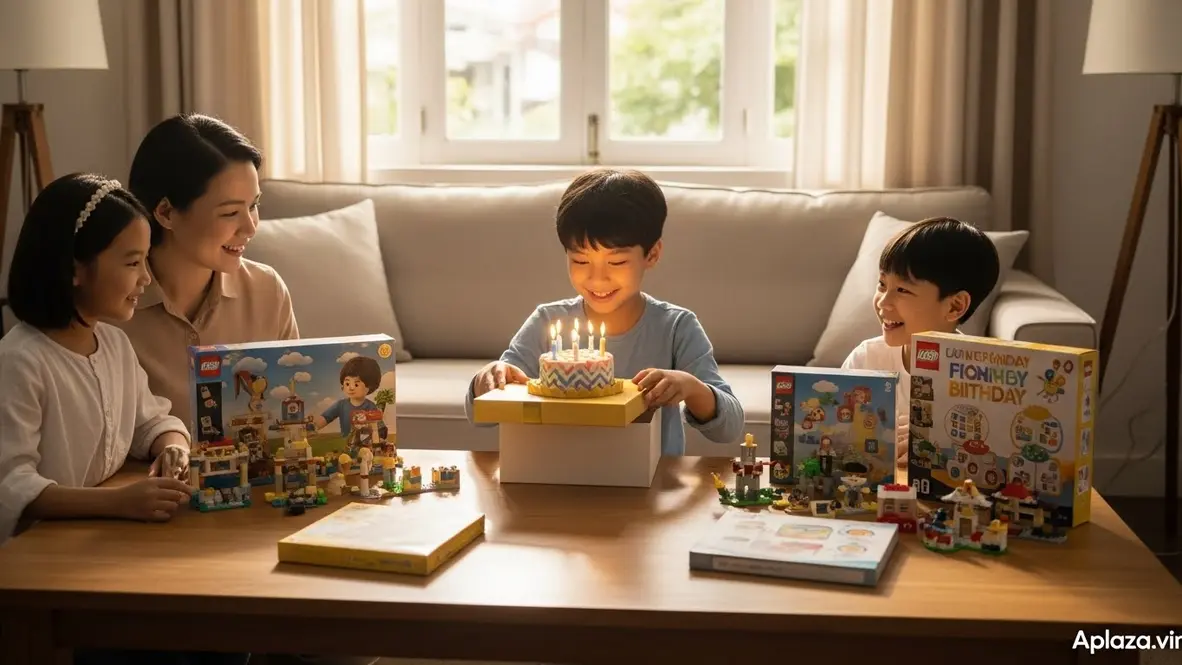 Cảnh bé trai 9 tuổi cầm hộp quà sinh nhật trong không gian ấm áp, xung quanh là đồ chơi trí tuệ và bộ lắp ráp, nhấn mạnh kiểm tra an toàn, chất liệu và chứng nhận trước khi mua.