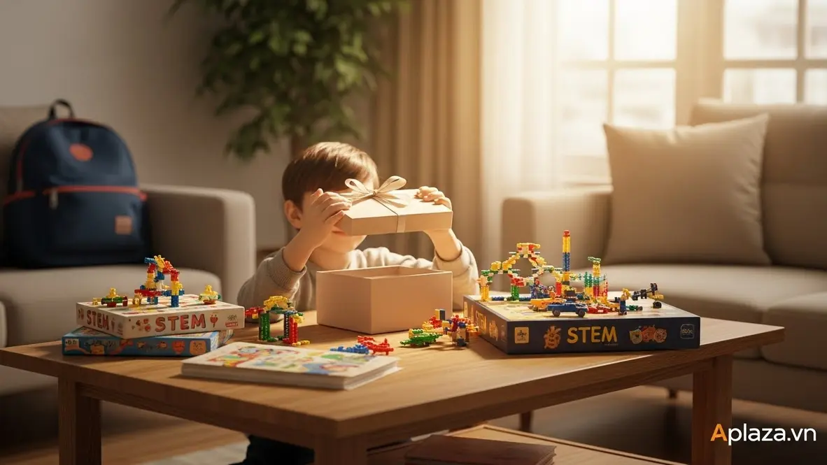 Cảnh mua quà sinh nhật cho bé 10 tuổi với hộp quà đang được mở, xung quanh là sách, board game và đồ chơi STEM, ánh sáng ấm áp gợi cảm giác bất ngờ