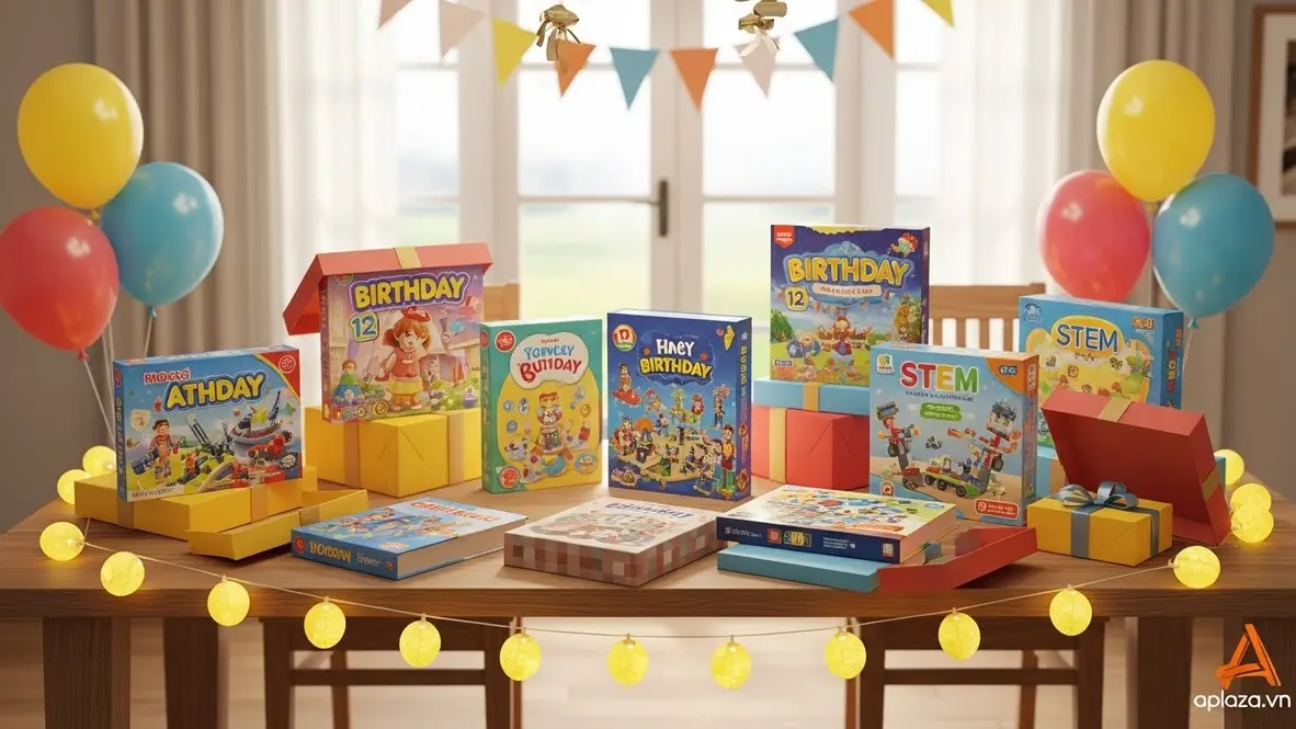 Bối cảnh sinh nhật ấm áp với bàn tiệc, nhiều hộp quà nhiều màu, sách và đồ chơi bày gọn gàng, phụ huynh đang cân nhắc mua quà sinh nhật cho bé 12 tuổi theo từng tầm giá