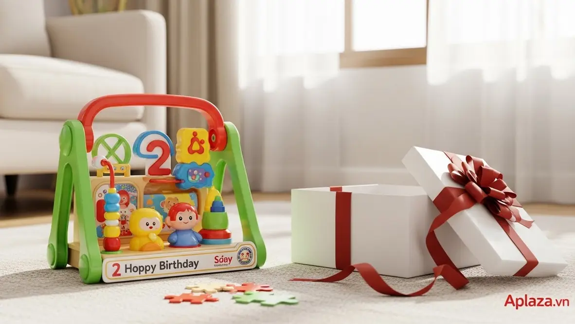 Đồ chơi màu sắc cho bé 2 tuổi bên hộp quà mở nắp, gợi ý mua quà sinh nhật cho bé 2 tuổi từ nguồn uy tín.
