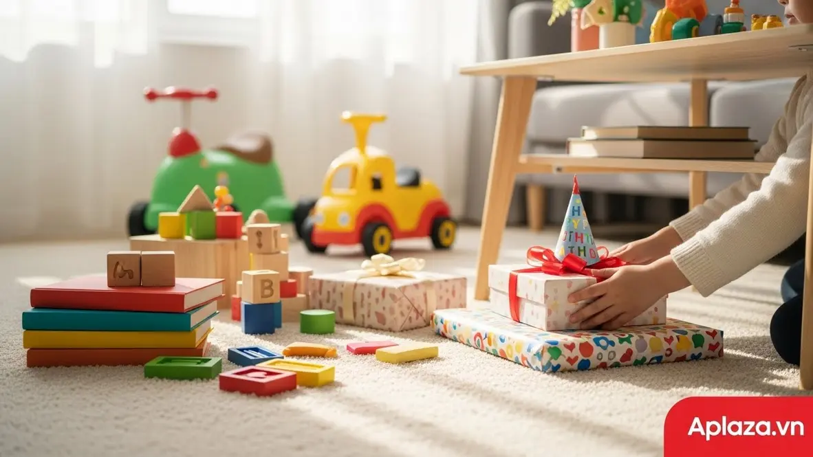 Cảnh bé 3 tuổi mở quà sinh nhật trong phòng sáng, xung quanh là đồ chơi an toàn nhiều màu; minh họa mua quà sinh nhật cho bé 3 tuổi từ nơi uy tín và các lưu ý trước khi tặng