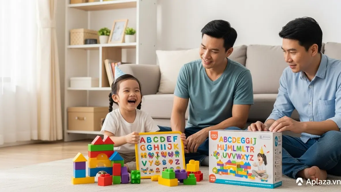 Gợi ý mua quà sinh nhật cho bé 4 tuổi theo giới tính và sở thích, bé cười chơi với đồ chơi giáo dục an toàn, phù hợp cả bé trai, bé gái và unisex.