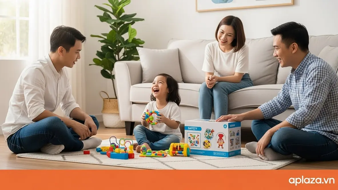 Bé 4 tuổi vui chơi với đồ chơi giáo dục an toàn; bố mẹ đang chọn mua quà sinh nhật theo ngân sách từ tiết kiệm đến cao cấp