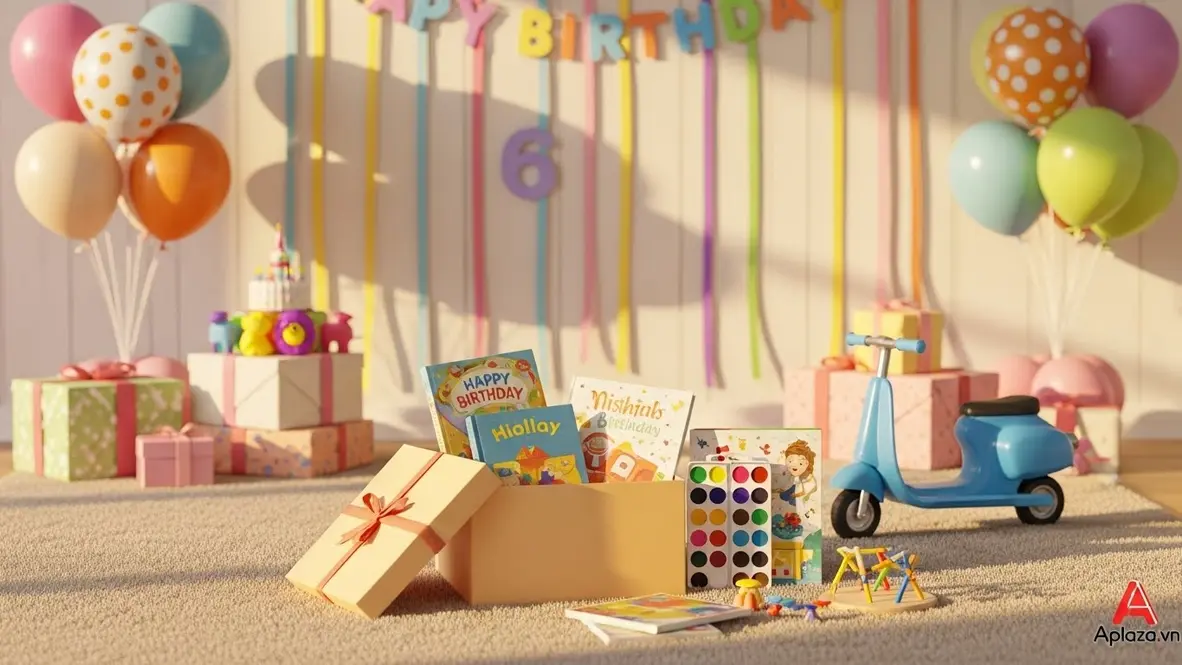 Không gian sinh nhật tươi sáng với hộp quà mở ra, lộ đồ chơi giáo dục, sách tranh và bộ màu; gợi ý mua quà sinh nhật cho bé 6 tuổi an toàn và hữu ích
