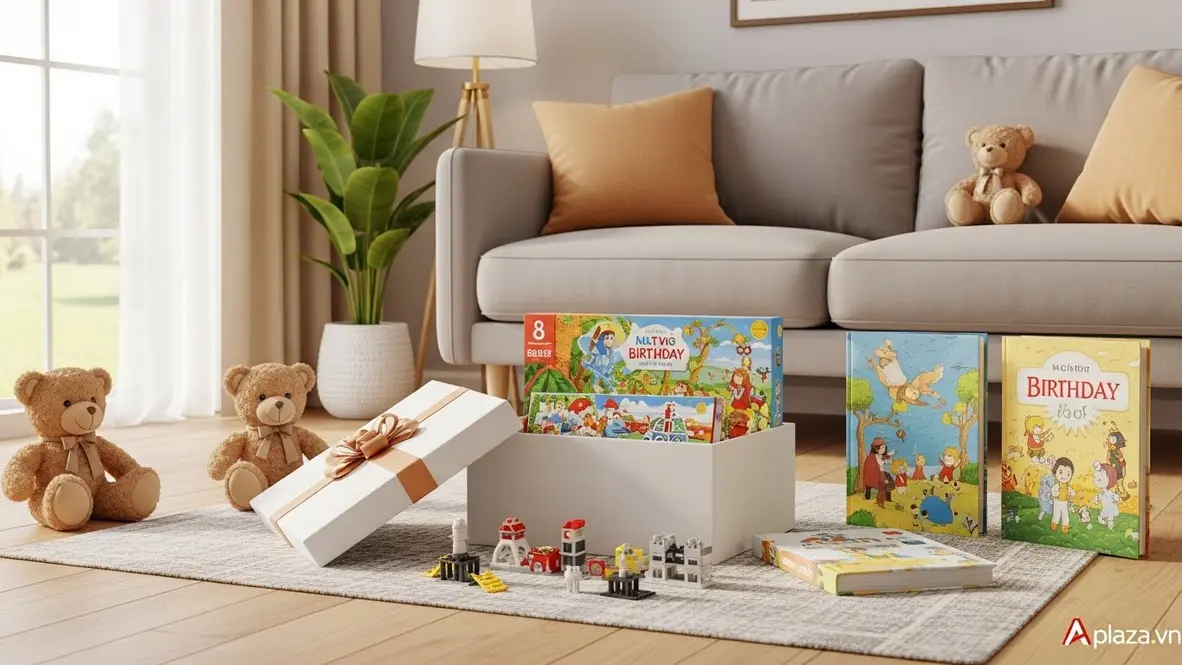 Hộp quà sinh nhật mở ra với bộ lắp ráp, sách thiếu nhi và gấu bông nhiều màu; gợi ý mua quà sinh nhật cho bé 8 tuổi từ nơi uy tín