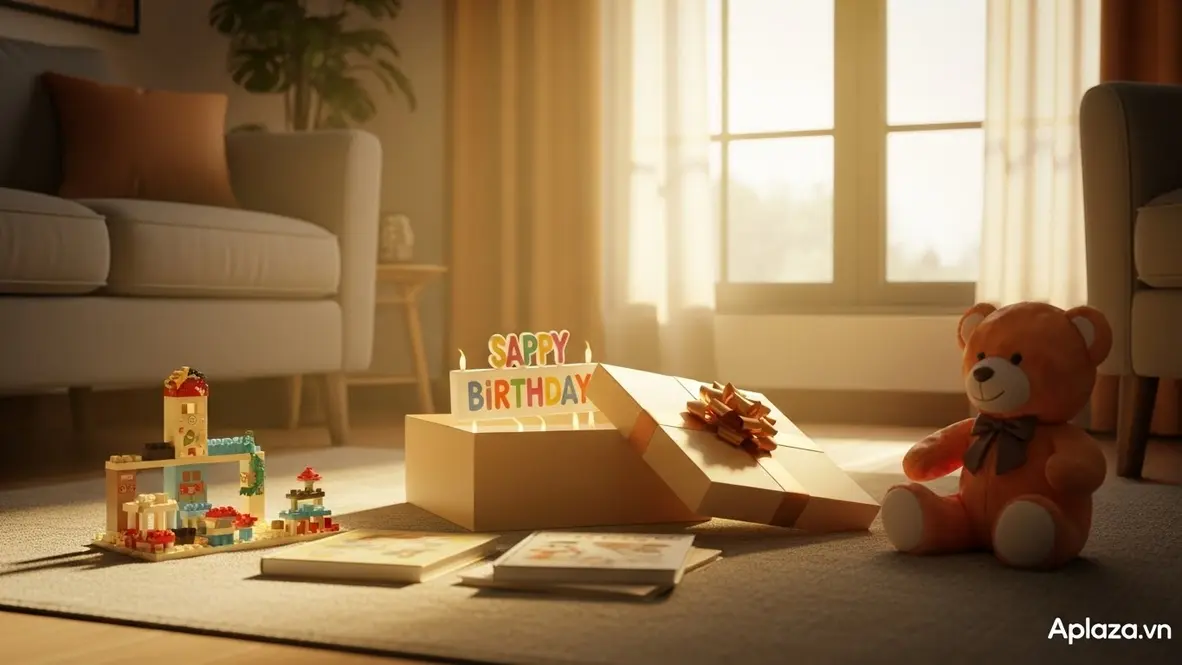 Khoảnh khắc bé 8 tuổi mở quà sinh nhật, quanh là bộ lắp ráp, sách truyện và gấu bông tươi sáng – gợi ý chọn quà an toàn, đúng sở thích khi mua quà sinh nhật cho bé 8 tuổi.