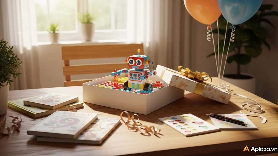 Khung cảnh mua quà sinh nhật cho bé 9 tuổi: hộp quà nhiều màu đang mở trên bàn, xung quanh là đồ chơi STEM, sách và bộ đồ sáng tạo, ánh sáng ấm áp, gợi ý chọn quà an toàn và hỗ trợ phát triển.