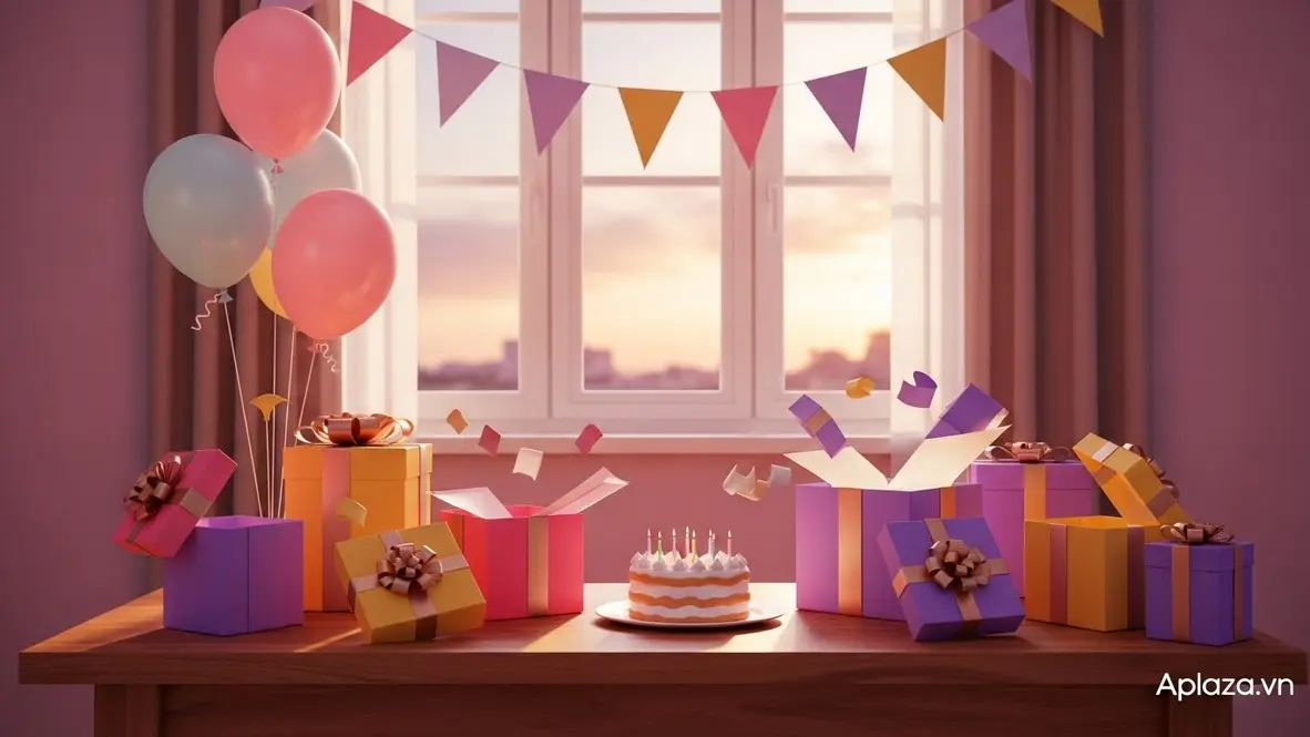 Bé gái 10 tuổi mỉm cười nhận quà sinh nhật giữa bóng bay pastel và hộp quà rực rỡ, gợi nhắc việc cân nhắc an toàn, độ tuổi và sở thích khi mua quà.