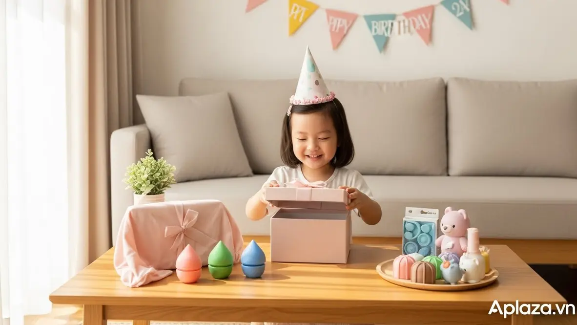 Bé gái 2 tuổi nhận quà sinh nhật trong không gian tiệc nhỏ tông pastel, hộp quà và đồ chơi làm từ vải, silicone và nhựa không BPA được bày gọn gàng, nhấn mạnh yếu tố an toàn khi mua quà