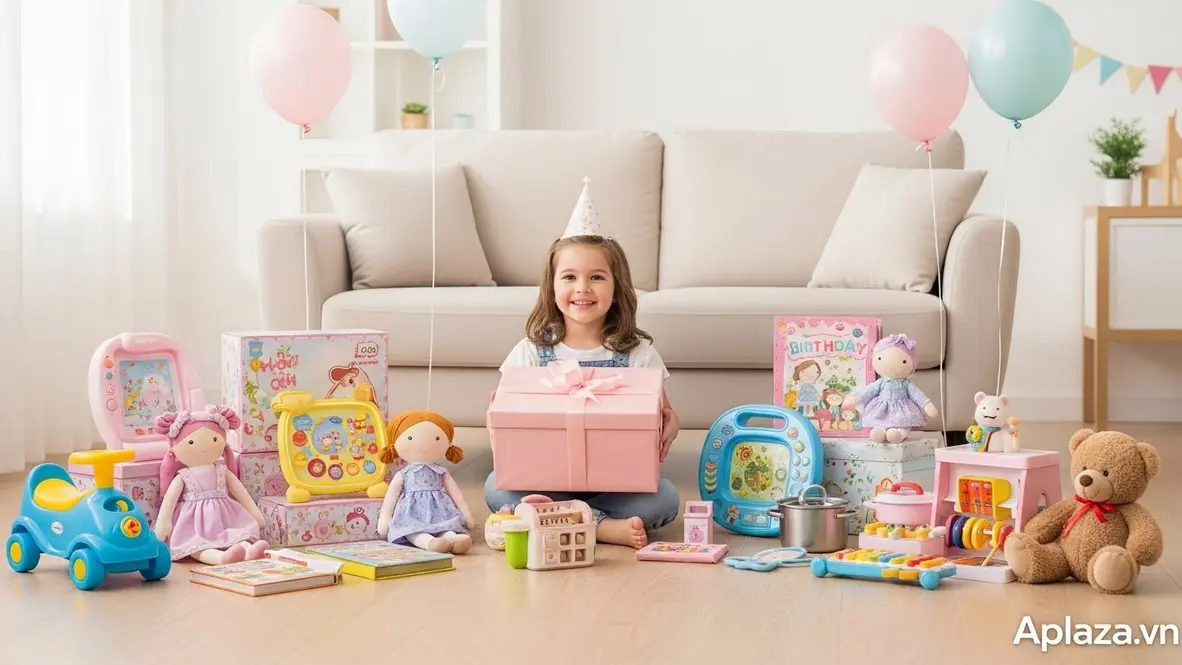 Bé gái 3 tuổi ôm hộp quà màu pastel, xung quanh là đồ chơi an toàn nhiều màu như búp bê vải, xe chòi chân, sách tương tác và nhạc cụ đồ chơi; nền phòng sáng ấm, không khí vui tươi gợi ý mua quà sinh nhật cho bé gái 3 tuổi.