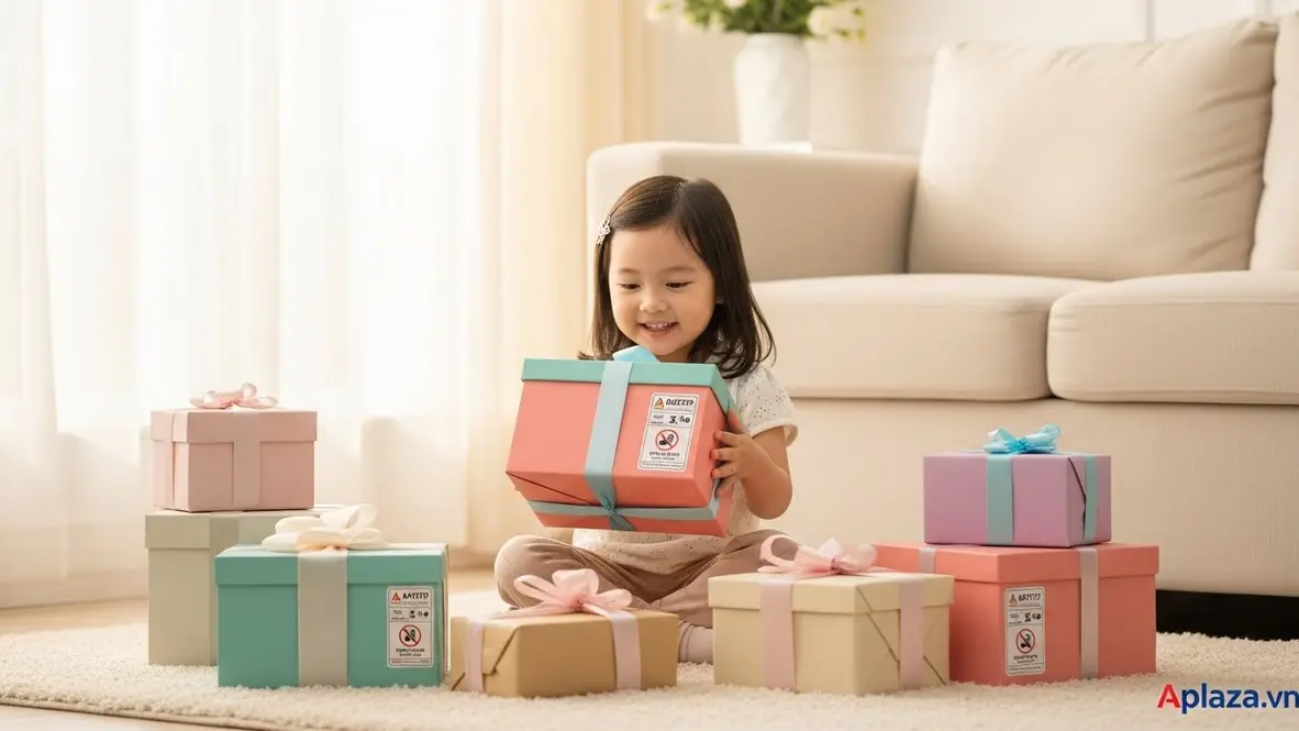Bé gái 3 tuổi cầm hộp quà rực rỡ giữa nhiều hộp quà xung quanh, gợi ý mua quà sinh nhật đảm bảo an toàn, chất liệu tốt và phù hợp ngân sách