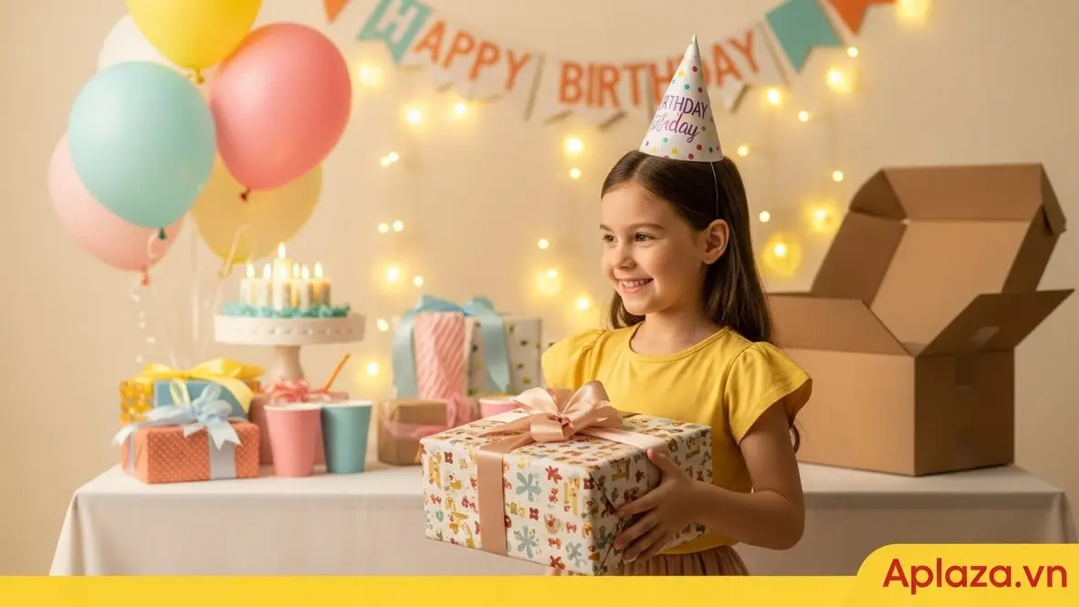 Bé gái 4 tuổi nâng niu hộp quà sinh nhật bọc ruy băng trên nền tiệc nhiều bóng bay và dây kim tuyến, gợi cảm hứng mua quà sinh nhật cho bé gái 4 tuổi trên Chiaki