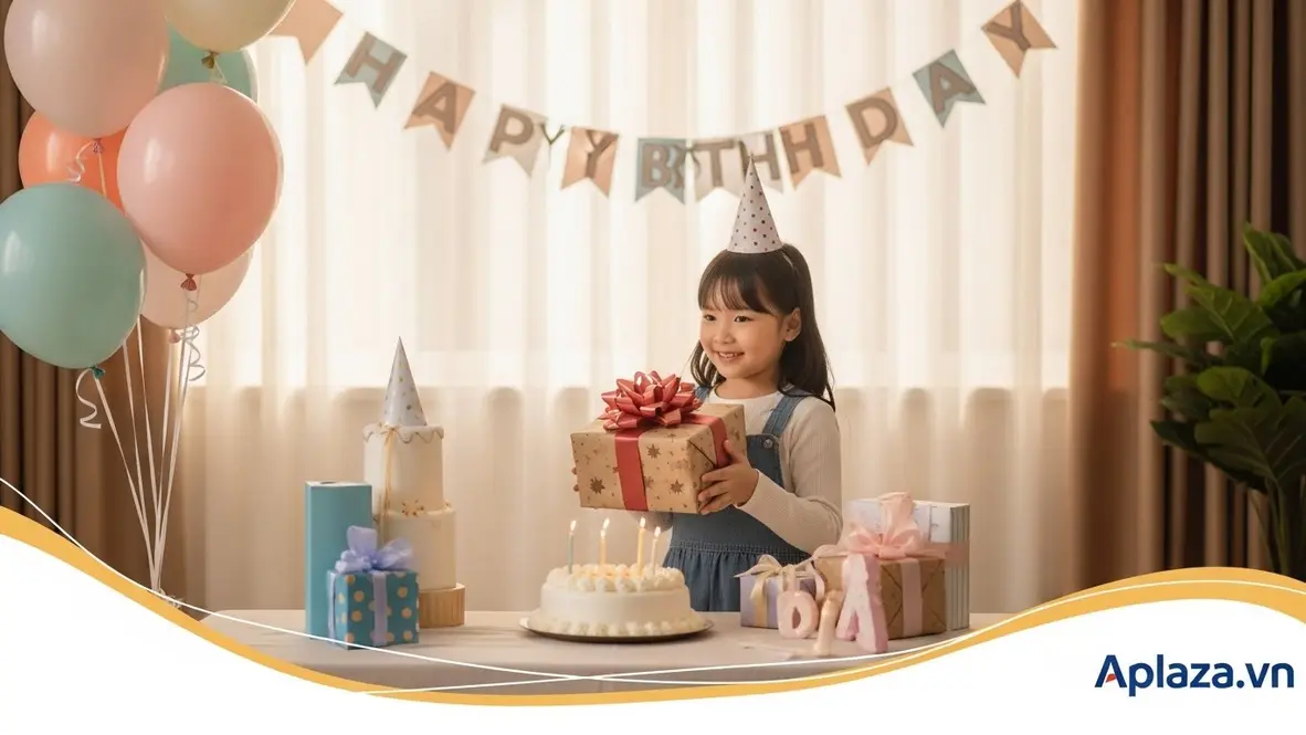 Bé gái 4 tuổi mỉm cười cầm hộp quà bọc nơ trong không gian sinh nhật rực rỡ, gợi ý mua quà sinh nhật cho bé gái 4 tuổi an toàn và phù hợp
